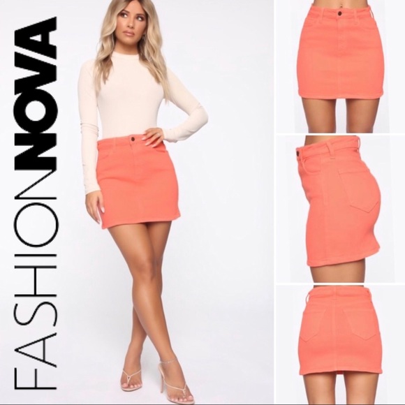 FASHION NOVA—NEON CORAL STRETCH—5 POCKET DENIM—MINI SKIRT!! (BNWT/IN ORIGINAL)!! - Picture 2 of 9